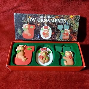 Vintage 1986 3 Piece Set Christmas Ornaments JOY With Teddy Bears